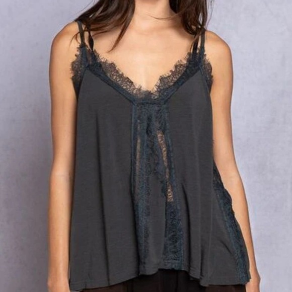 POL Tops - POL Lace Trim  V Neck Cami Tank Top Women’s Med Dark Feminine Grey Fairygrunge